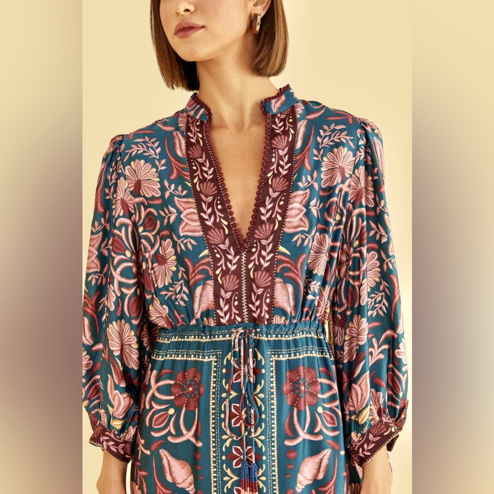 [NWT] FARM RIO Teal Seashell Tapestry Maxi Dress. Size Small - Picture 2 of 7